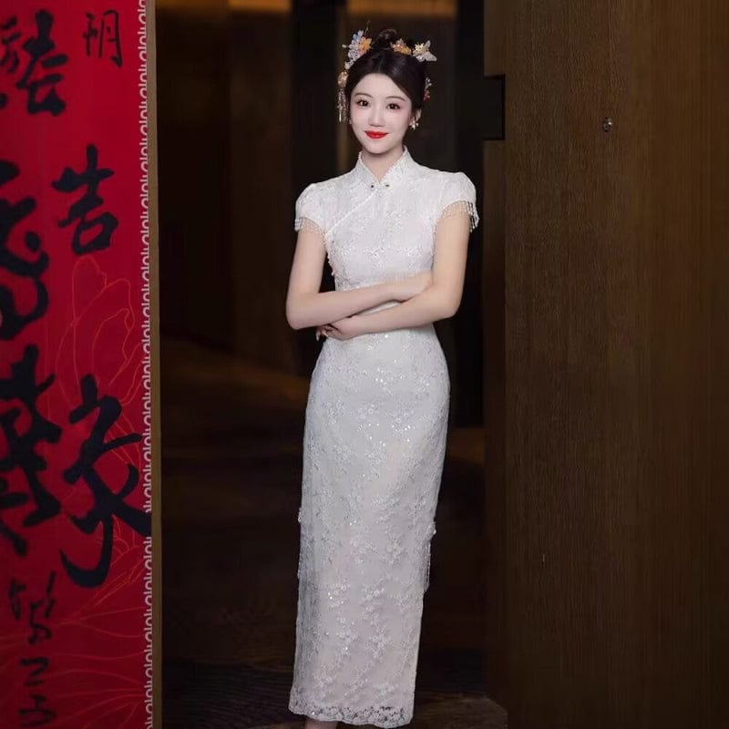 Beth and Brian Qipao-XHZ Floral pattern, Chinese tradional lace midi Cheongsam