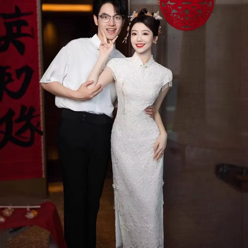 Beth and Brian Qipao-XHZ Floral pattern, Chinese tradional lace midi Cheongsam