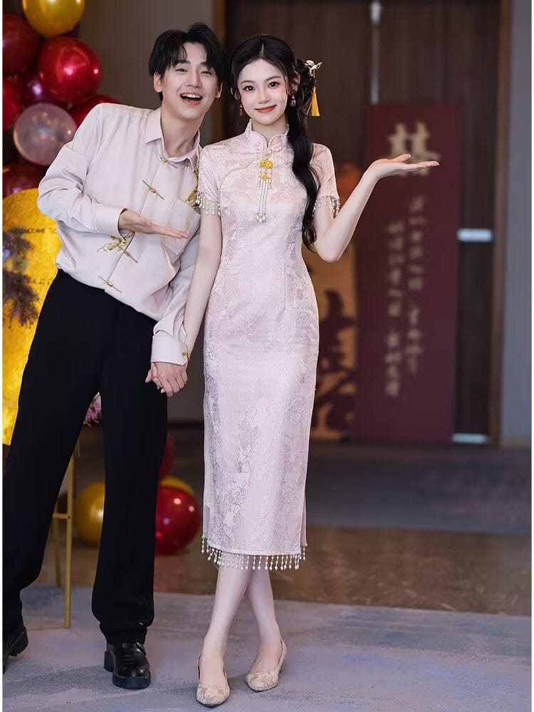 Beth and Brian Qipao-LSB Floral pattern, jacquard fabric, pink midi Cheongsam