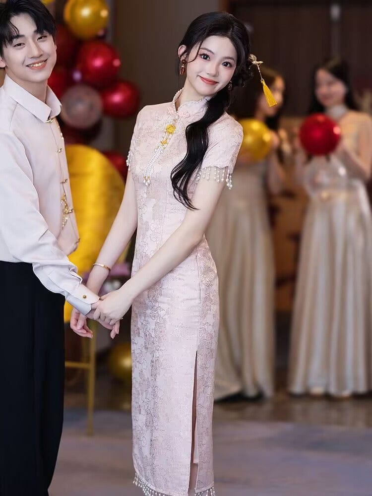 Beth and Brian Qipao-LSB Floral pattern, jacquard fabric, pink midi Cheongsam