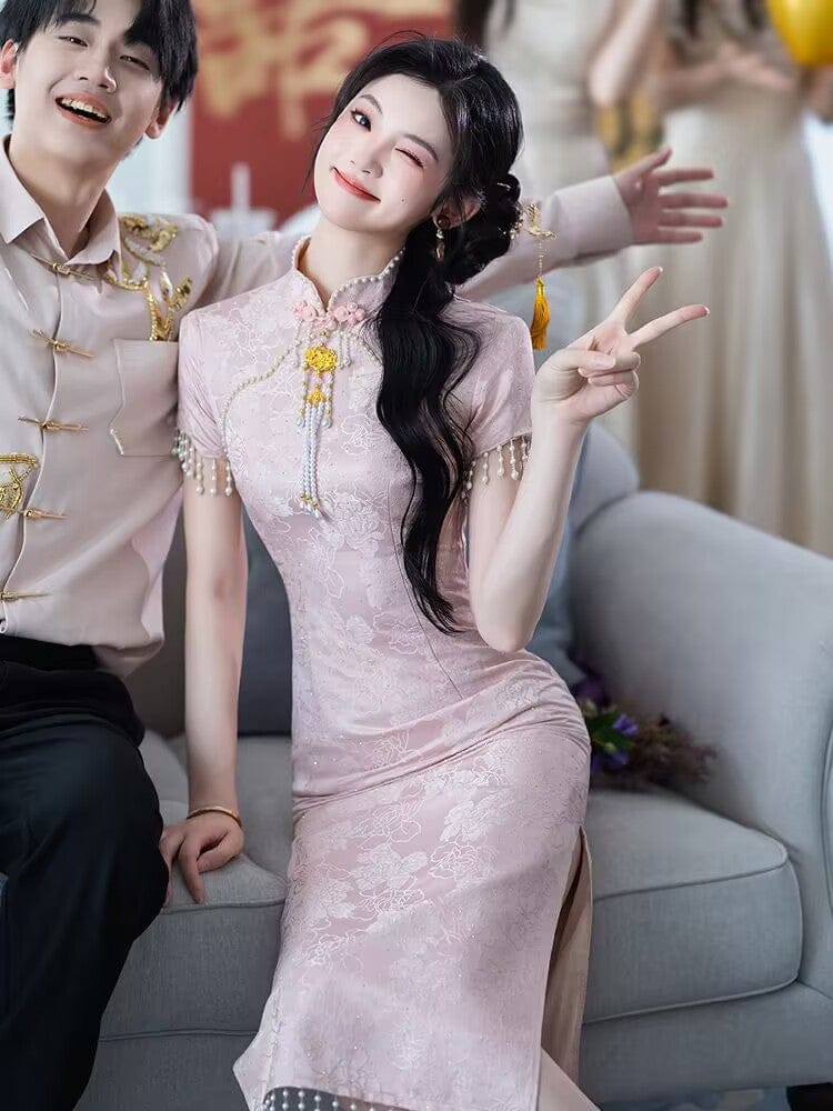 Beth and Brian Qipao-LSB Floral pattern, jacquard fabric, pink midi Cheongsam