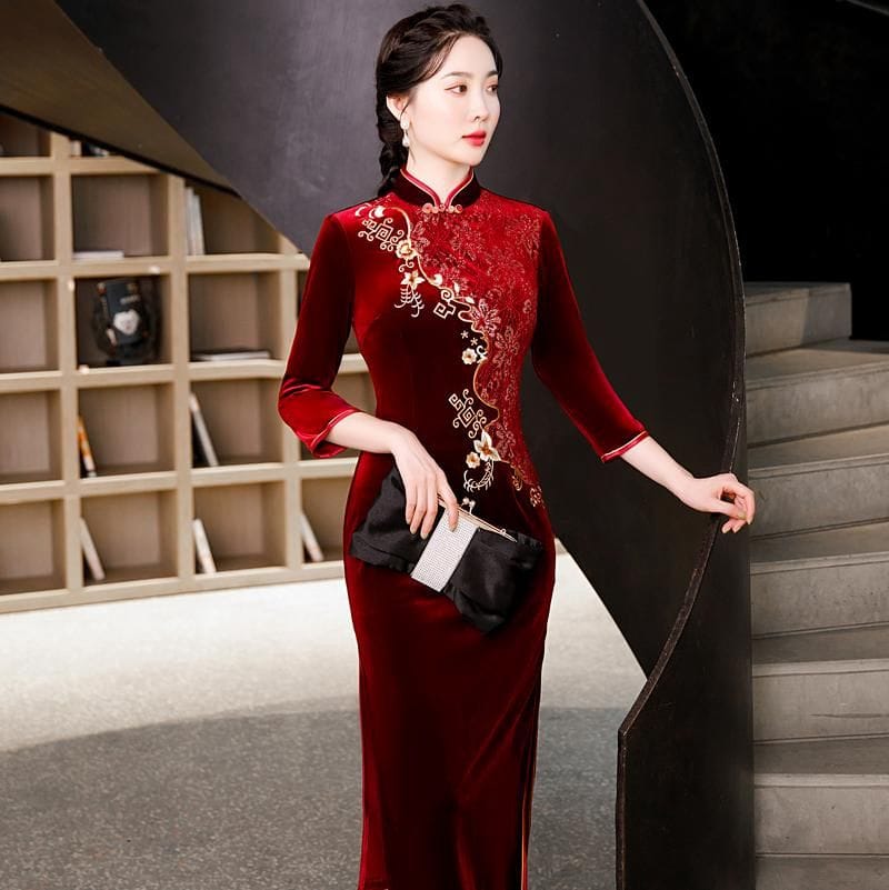 Beth and Brian Qipao-QDD Floral pattern, velvet midi plus size Cheongsam for mothers