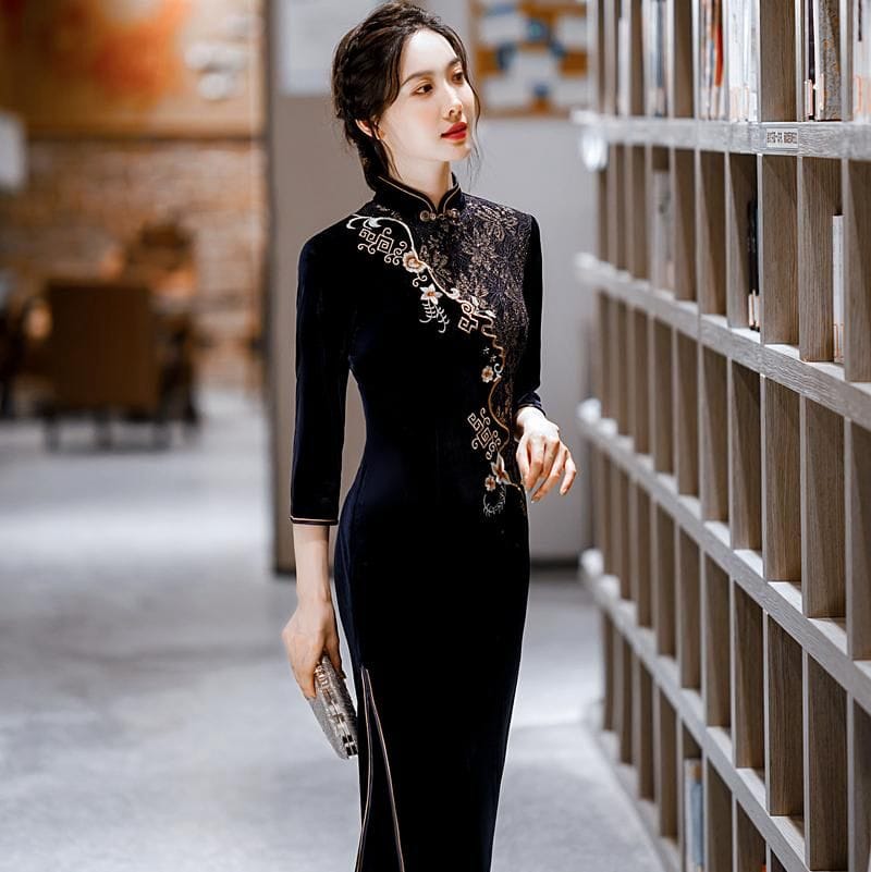 Beth and Brian Qipao-QDD Floral pattern, velvet midi plus size Cheongsam for mothers