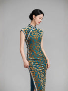 Beth and Brian Qipao-YM Ginkgo leaf pattern, green long Cheongsam