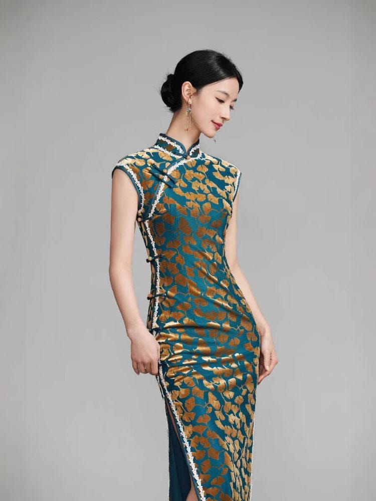 Beth and Brian Qipao-YM Ginkgo leaf pattern, green long Cheongsam