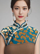 Beth and Brian Qipao-YM Ginkgo leaf pattern, green long Cheongsam