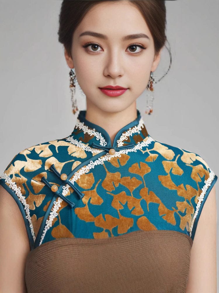 Beth and Brian Qipao-YM Ginkgo leaf pattern, green long Cheongsam