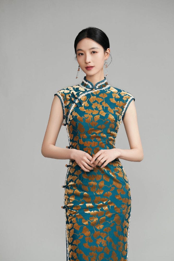 Beth and Brian Qipao-YM Ginkgo leaf pattern, green long Cheongsam