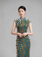 Beth and Brian Qipao-YM Ginkgo leaf pattern, green long Cheongsam