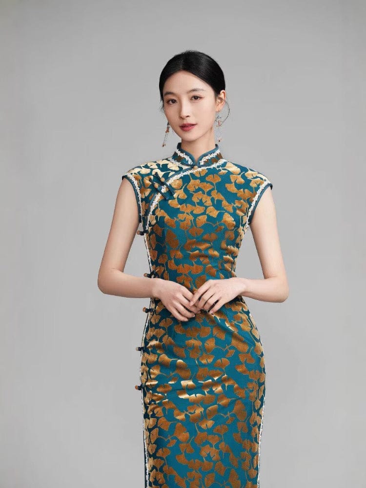 Beth and Brian Qipao-YM Ginkgo leaf pattern, green long Cheongsam