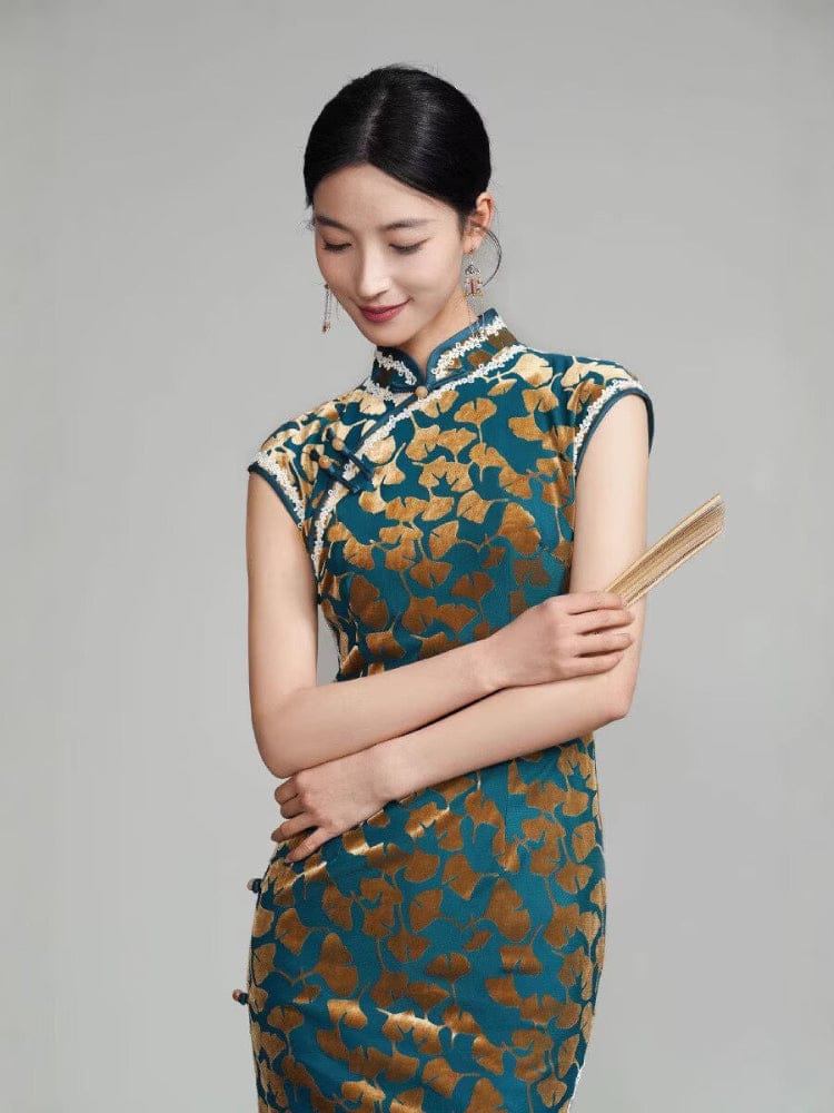 Beth and Brian Qipao-YM Ginkgo leaf pattern, green long Cheongsam