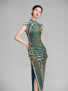 Beth and Brian Qipao-YM Ginkgo leaf pattern, green long Cheongsam