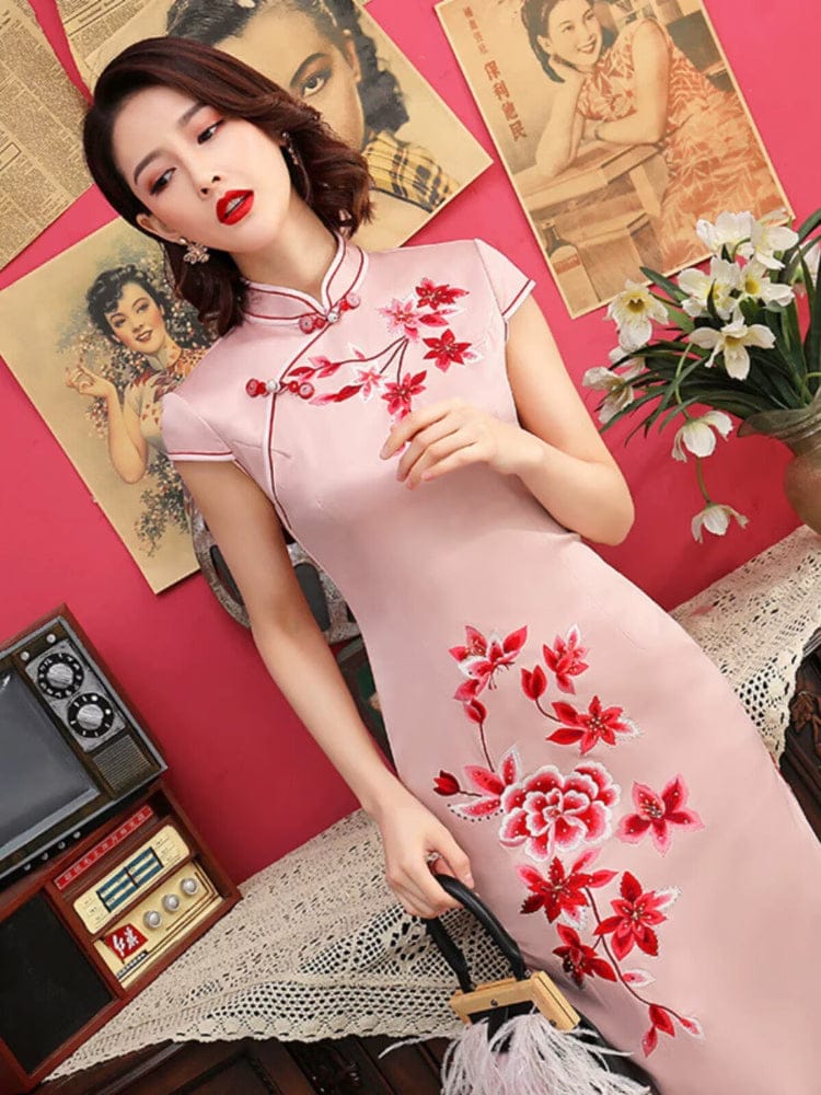 Beth and Brian Qipao-MLS Floral embroidery, silk midi Cheongsam with cap sleeves