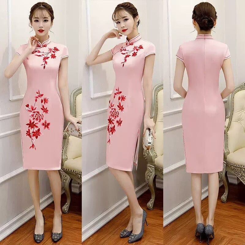 Beth and Brian Qipao-MLS Floral embroidery, silk midi Cheongsam with cap sleeves