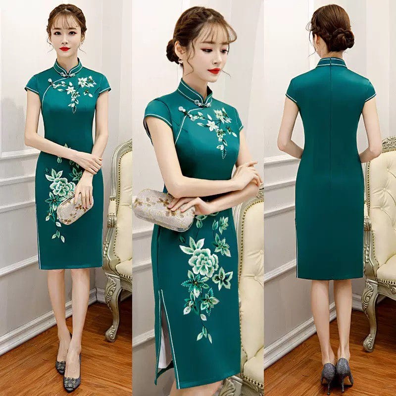 Beth and Brian Qipao-MLS Floral embroidery, silk midi Cheongsam with cap sleeves