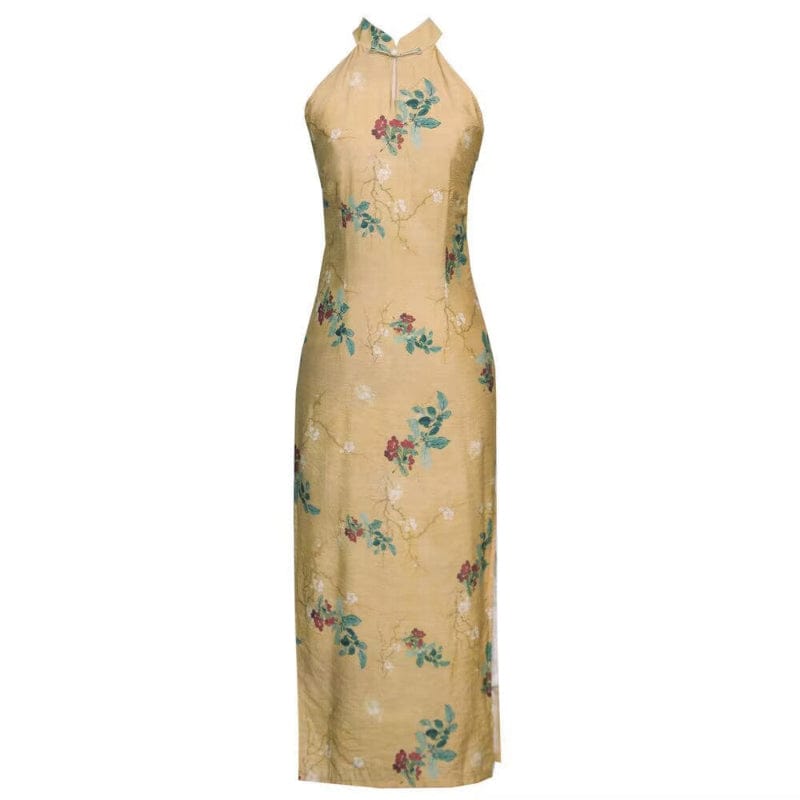 Beth and Brian Qipao-YM Floral pattern, sleeveless yellow midi Cheongsam