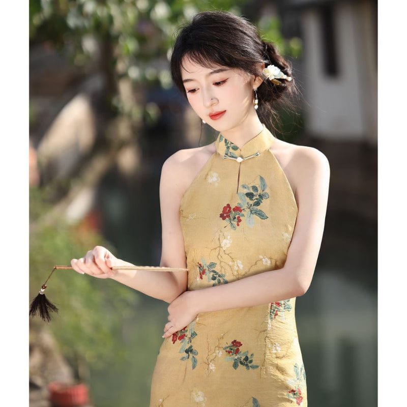 Beth and Brian Qipao-YM Floral pattern, sleeveless yellow midi Cheongsam