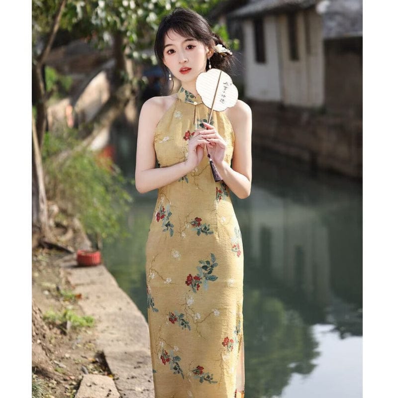 Beth and Brian Qipao-YM Floral pattern, sleeveless yellow midi Cheongsam