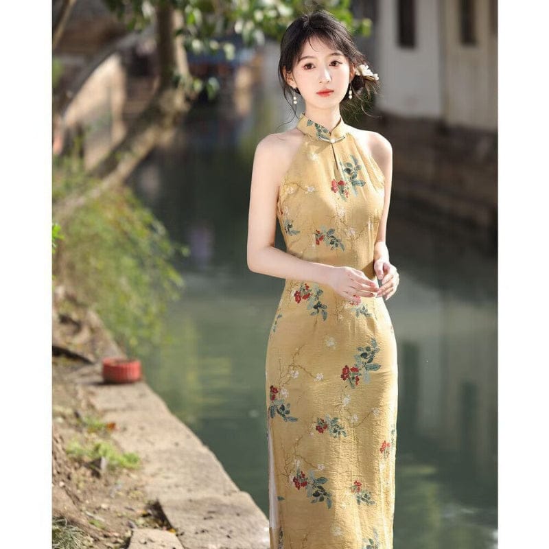Beth and Brian Qipao-YM Floral pattern, sleeveless yellow midi Cheongsam
