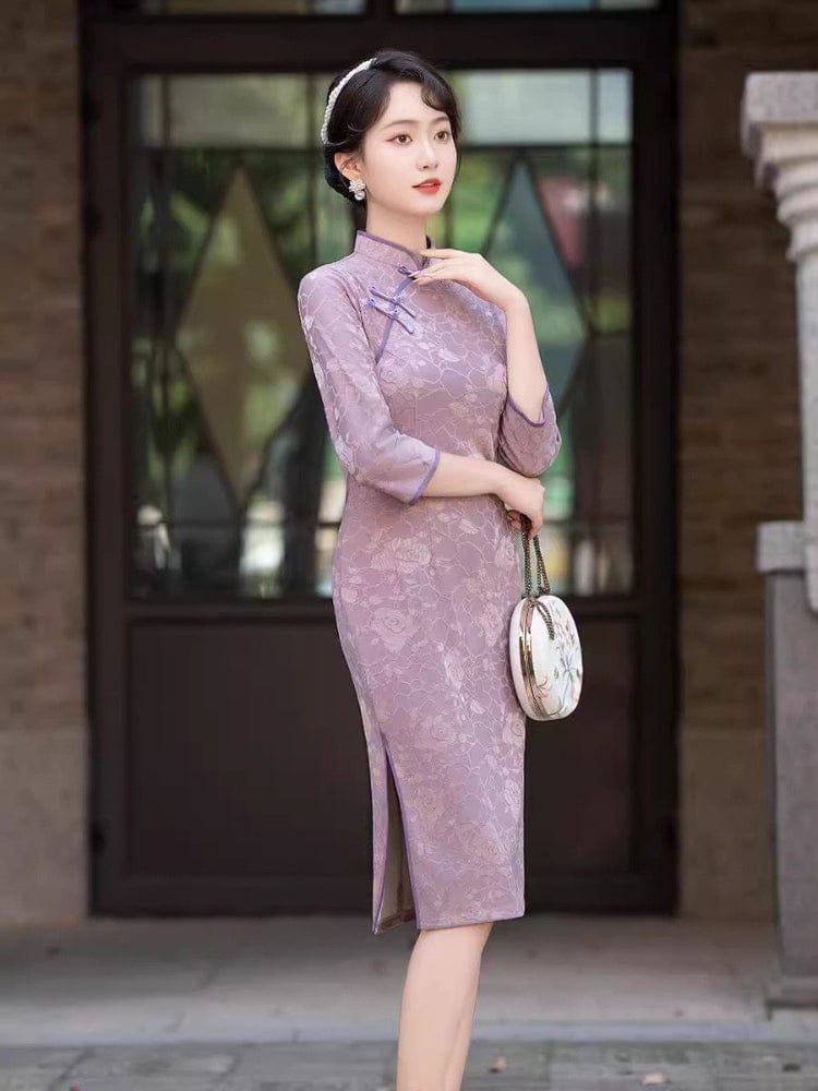 Beth and Brian Qipao-FS Floral pattern, jacquard fabric, midi plus size Cheongsam