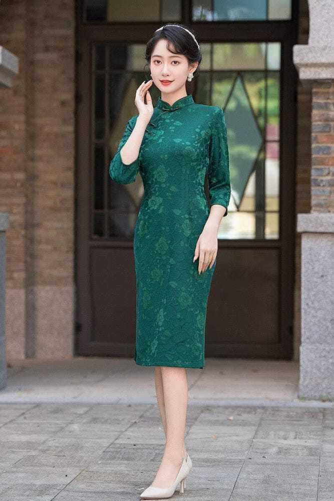 Beth and Brian Qipao-FS Floral pattern, jacquard fabric, midi plus size Cheongsam