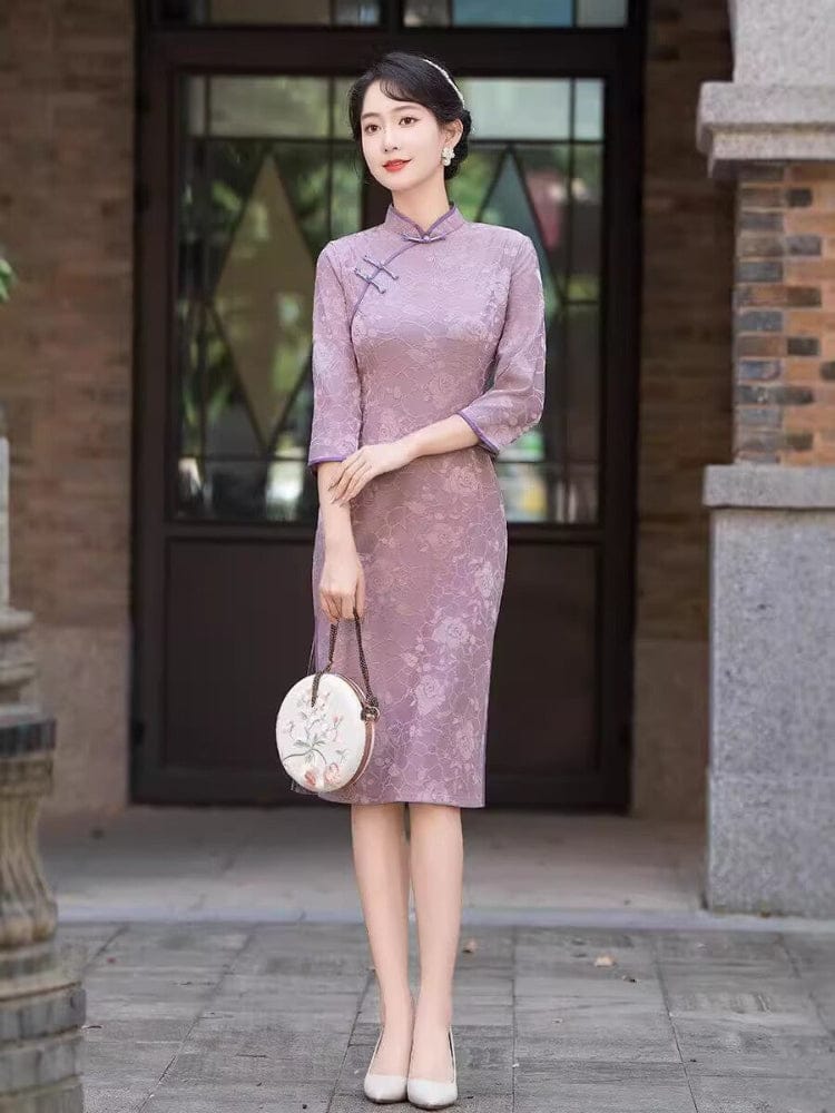 Beth and Brian Qipao-FS Floral pattern, jacquard fabric, midi plus size Cheongsam