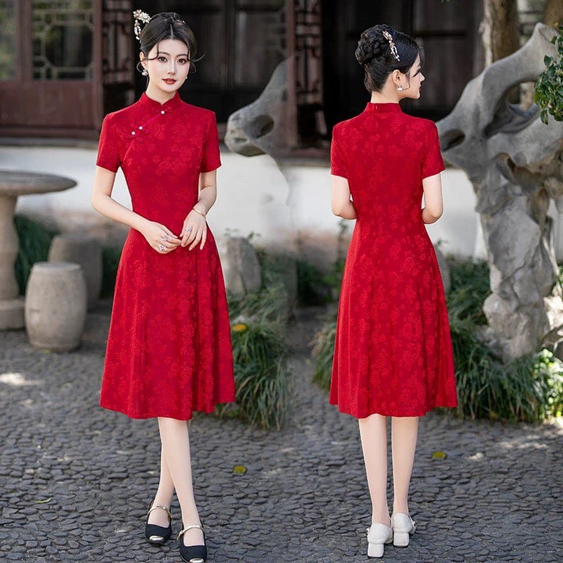 Beth and Brian Qipao-FS A-line, jacquard midi plus size Cheongsam