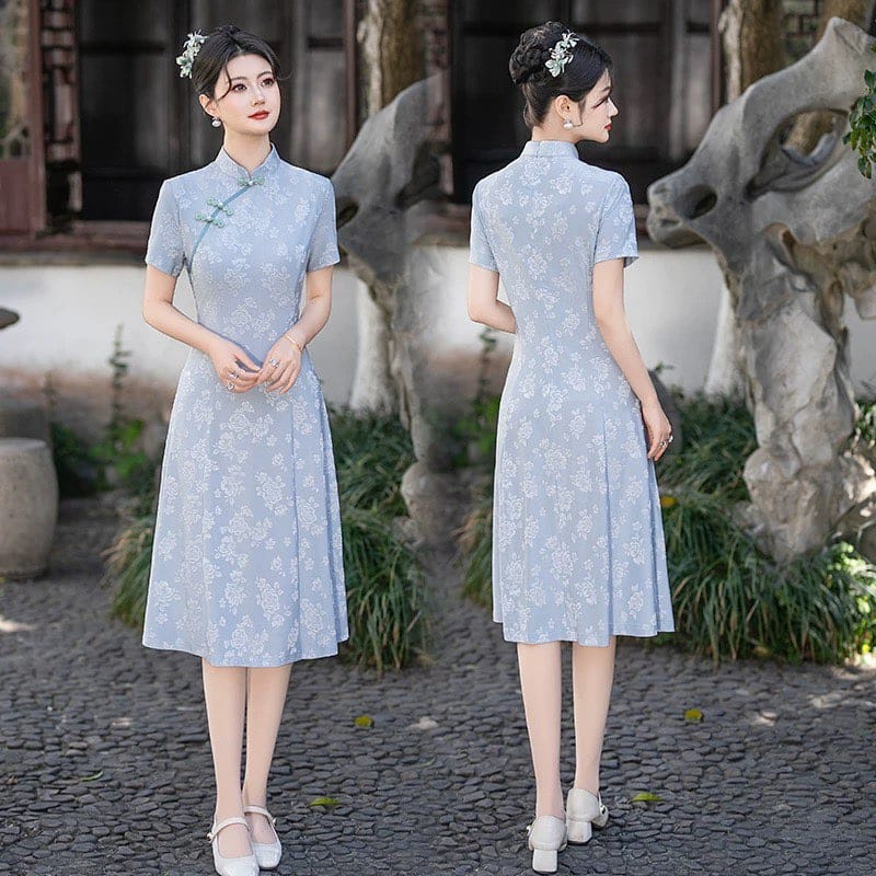 Beth and Brian Qipao-FS A-line, jacquard midi plus size Cheongsam