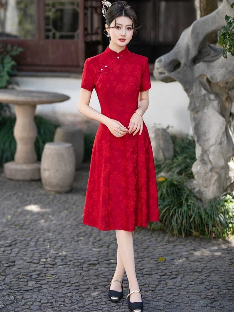 Beth and Brian Qipao-FS A-line, jacquard midi plus size Cheongsam