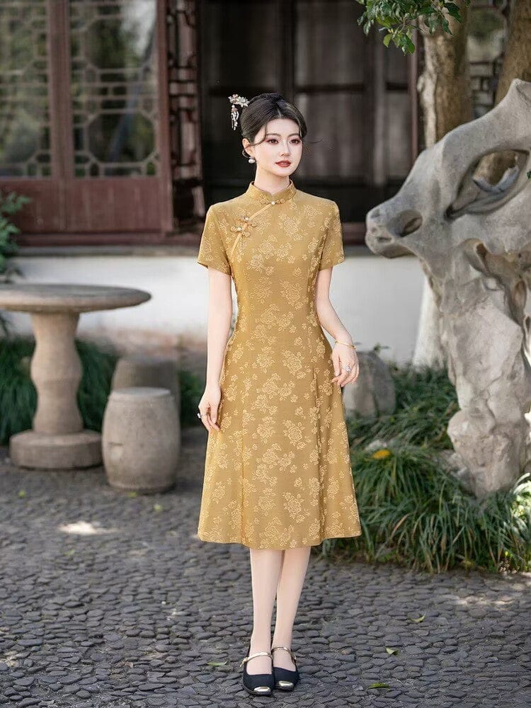 Beth and Brian Qipao-FS A-line, jacquard midi plus size Cheongsam