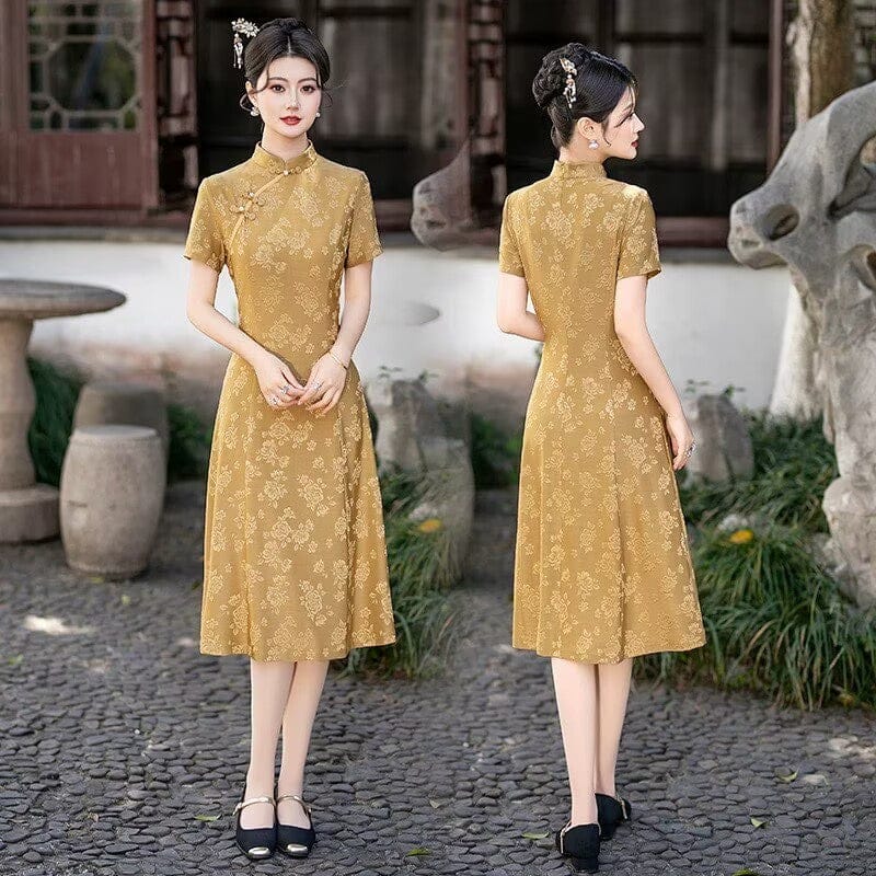 Beth and Brian Qipao-FS A-line, jacquard midi plus size Cheongsam