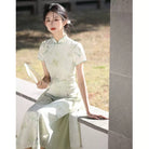 Beth and Brian Qipao-YS Tencel jacquard fabric, green midi Ao dai, A-Line Cheongsam