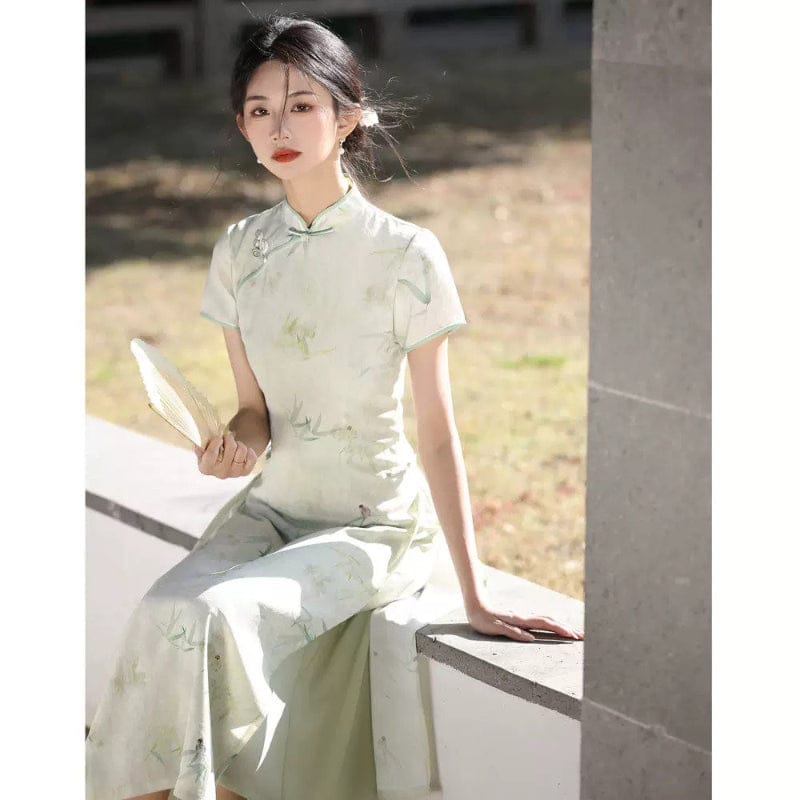 Beth and Brian Qipao-YS Tencel jacquard fabric, green midi Ao dai, A-Line Cheongsam