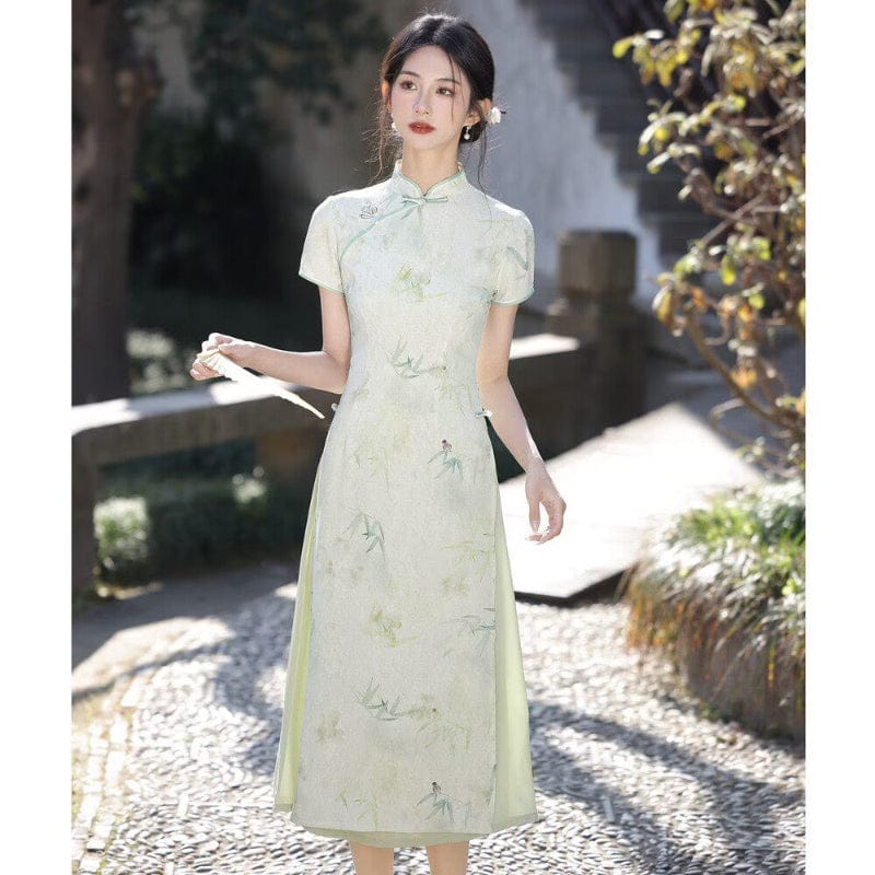 Beth and Brian Qipao-YS Tencel jacquard fabric, green midi Ao dai, A-Line Cheongsam