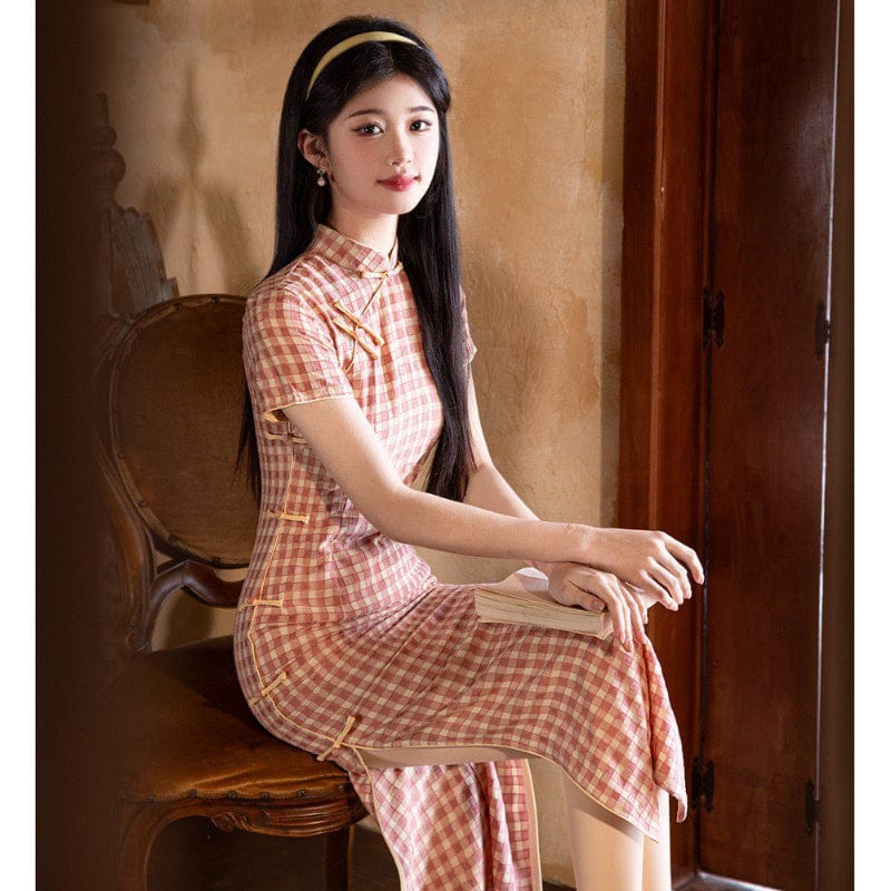 Beth and Brian Qipao-YS Plaid pattern, cotton fabric, pink&coffee midi Cheongsam