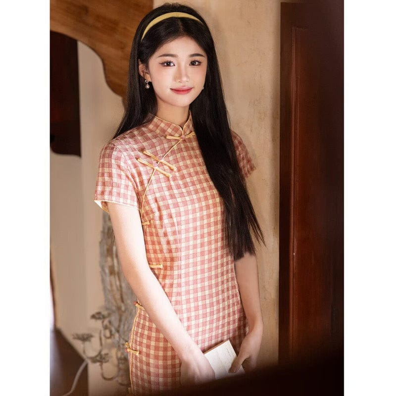 Beth and Brian Qipao-YS Plaid pattern, cotton fabric, pink&coffee midi Cheongsam