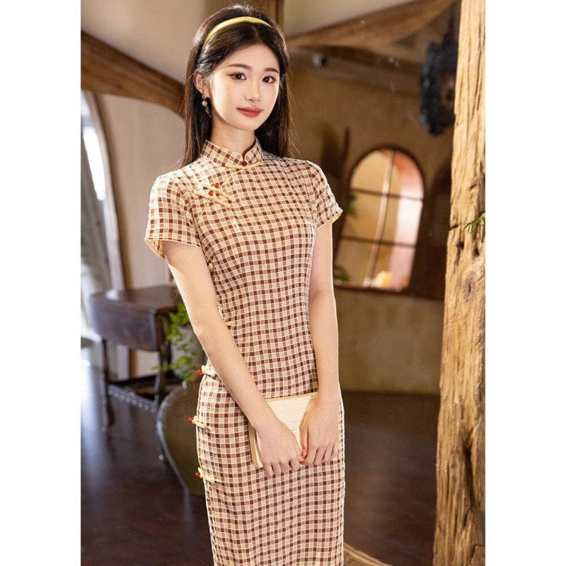 Beth and Brian Qipao-YS Plaid pattern, cotton fabric, pink&coffee midi Cheongsam