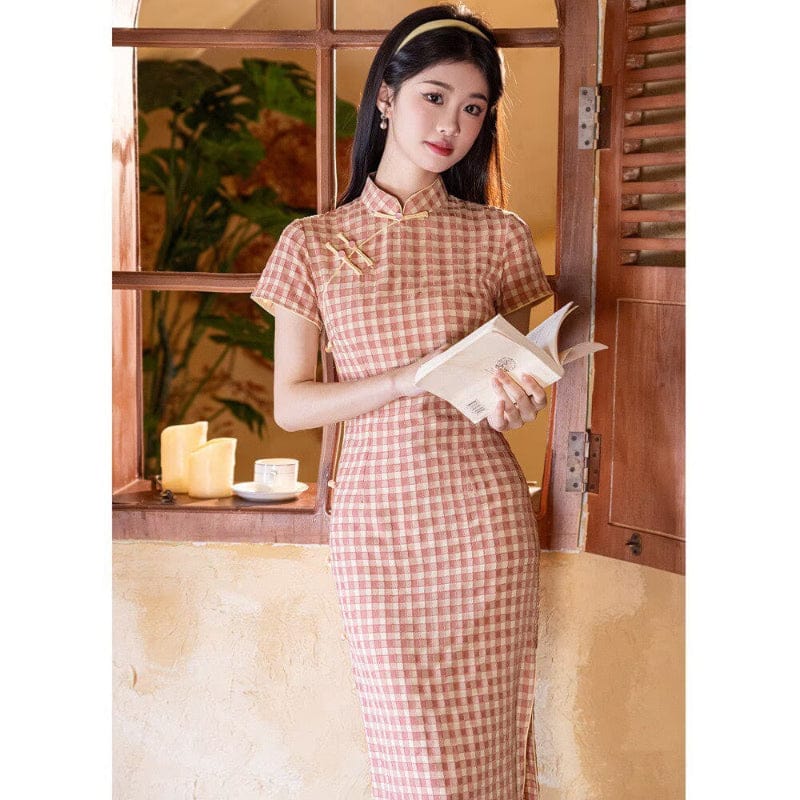 Beth and Brian Qipao-YS Plaid pattern, cotton fabric, pink&coffee midi Cheongsam