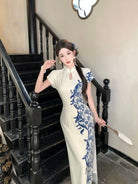 Beth and Brian Qipao-SS Blue and white porcelain pattens, water-drop collar, ramie long Cheongsam