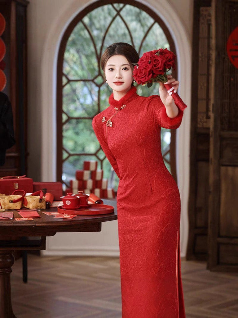 Beth and Brian Qipao-MLS Winter collection, Fleece-Lined, wedding red midi Cheongsam
