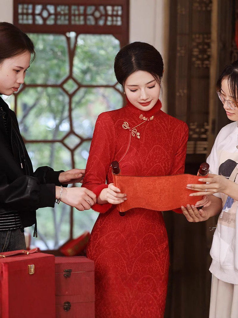 Beth and Brian Qipao-MLS Winter collection, Fleece-Lined, wedding red midi Cheongsam