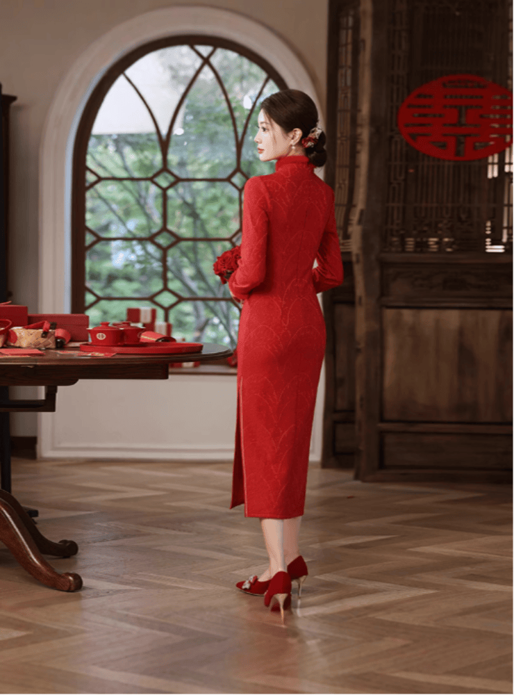 Beth and Brian Qipao-MLS Winter collection, Fleece-Lined, wedding red midi Cheongsam