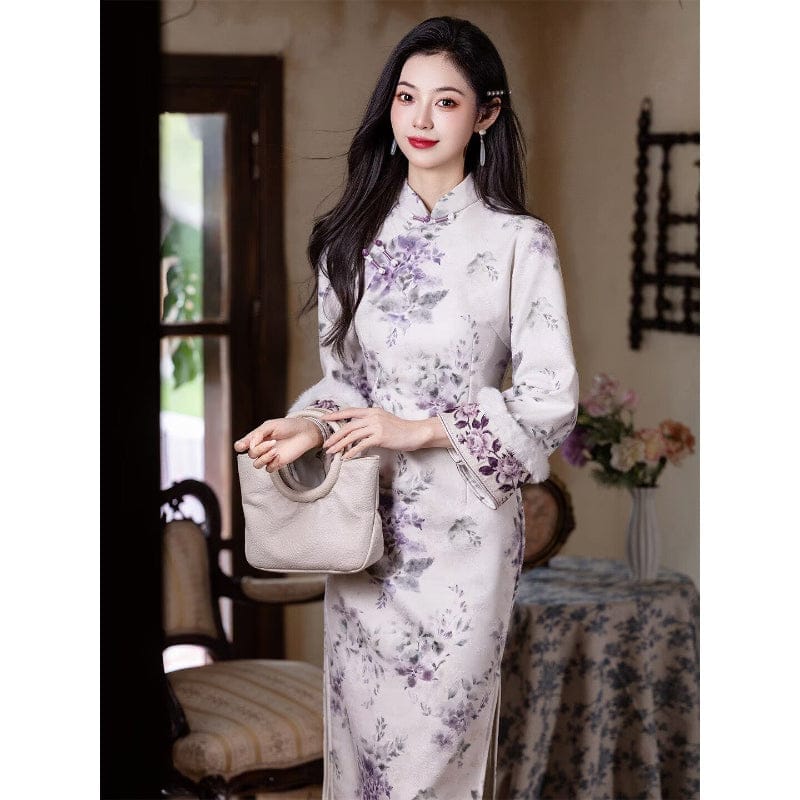 Beth and Brian Qipao-LSB Floral pattern, velvet fabric, daily midi Cheongsam