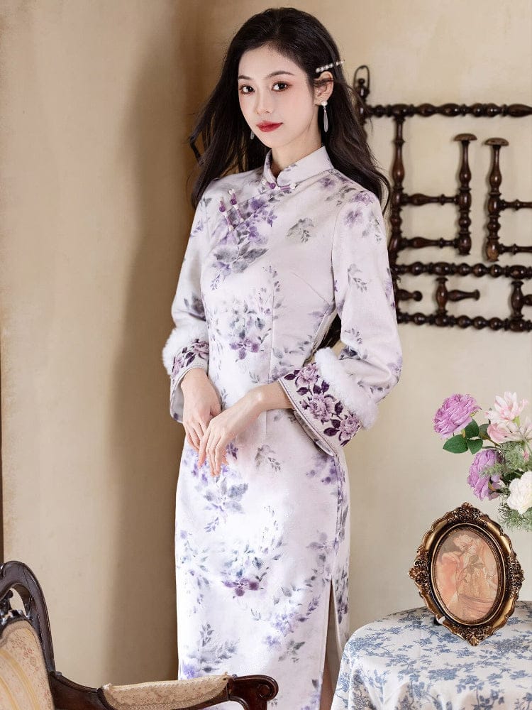 Beth and Brian Qipao-LSB Floral pattern, velvet fabric, daily midi Cheongsam