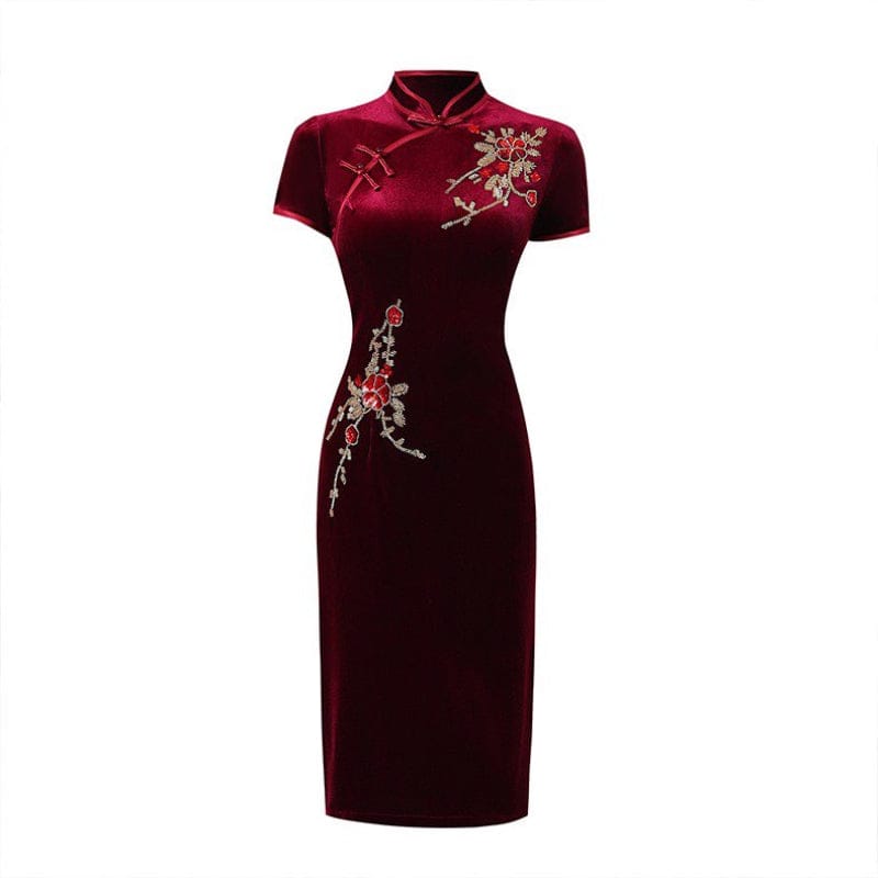 Beth and Brian Qipao-FS Floral pattern, velvet midi plus size Cheongsam for mothers