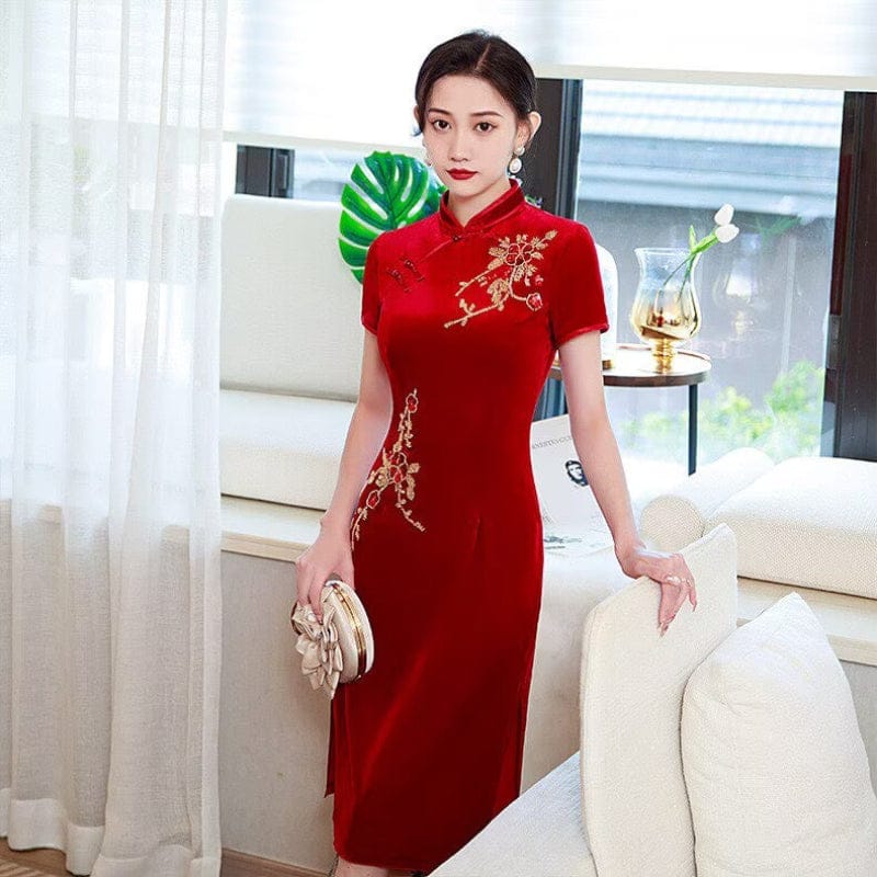 Beth and Brian Qipao-FS Floral pattern, velvet midi plus size Cheongsam for mothers