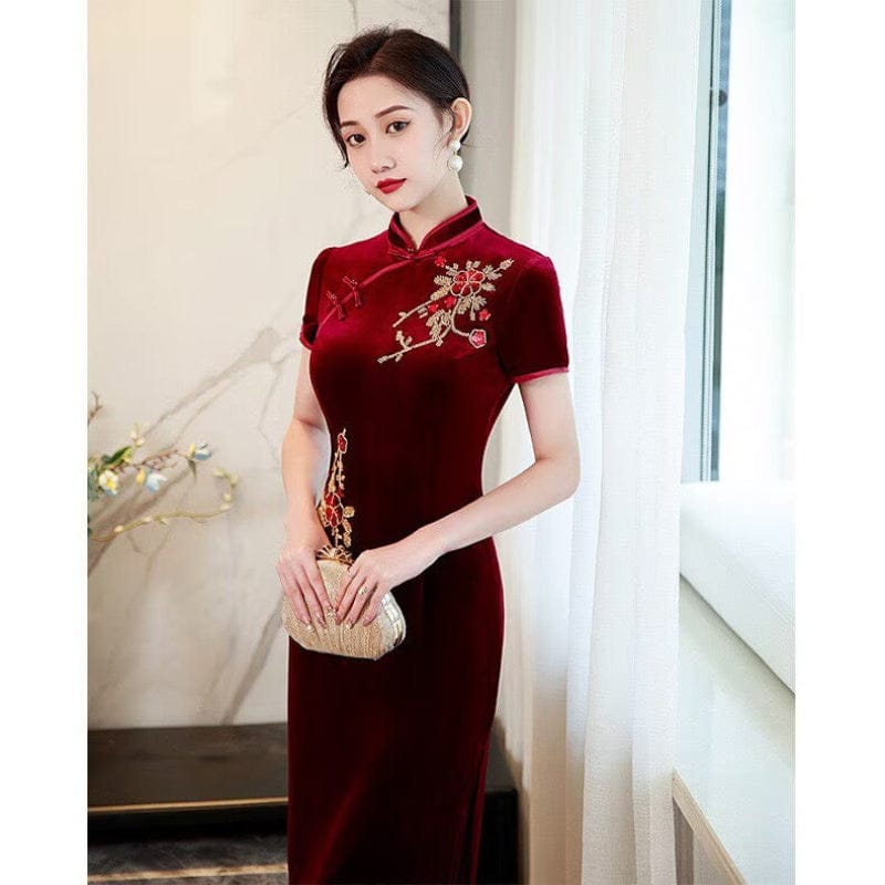Beth and Brian Qipao-FS Floral pattern, velvet midi plus size Cheongsam for mothers