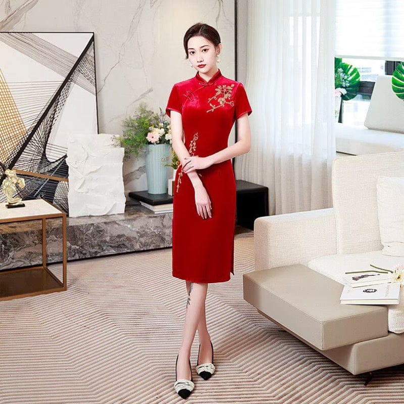 Beth and Brian Qipao-FS Floral pattern, velvet midi plus size Cheongsam for mothers