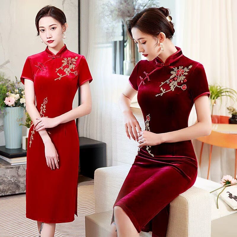 Beth and Brian Qipao-FS Floral pattern, velvet midi plus size Cheongsam for mothers