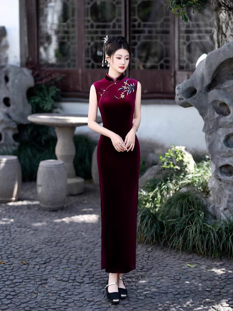 Beth and Brian Qipao-FS Old Shanghai style, sleeveless velvet long Cheongsam